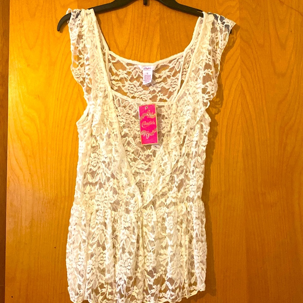 NWT Candies Women JR. WONDERLUST Allover LACE Fancy Top Size Large Vanilla Ice